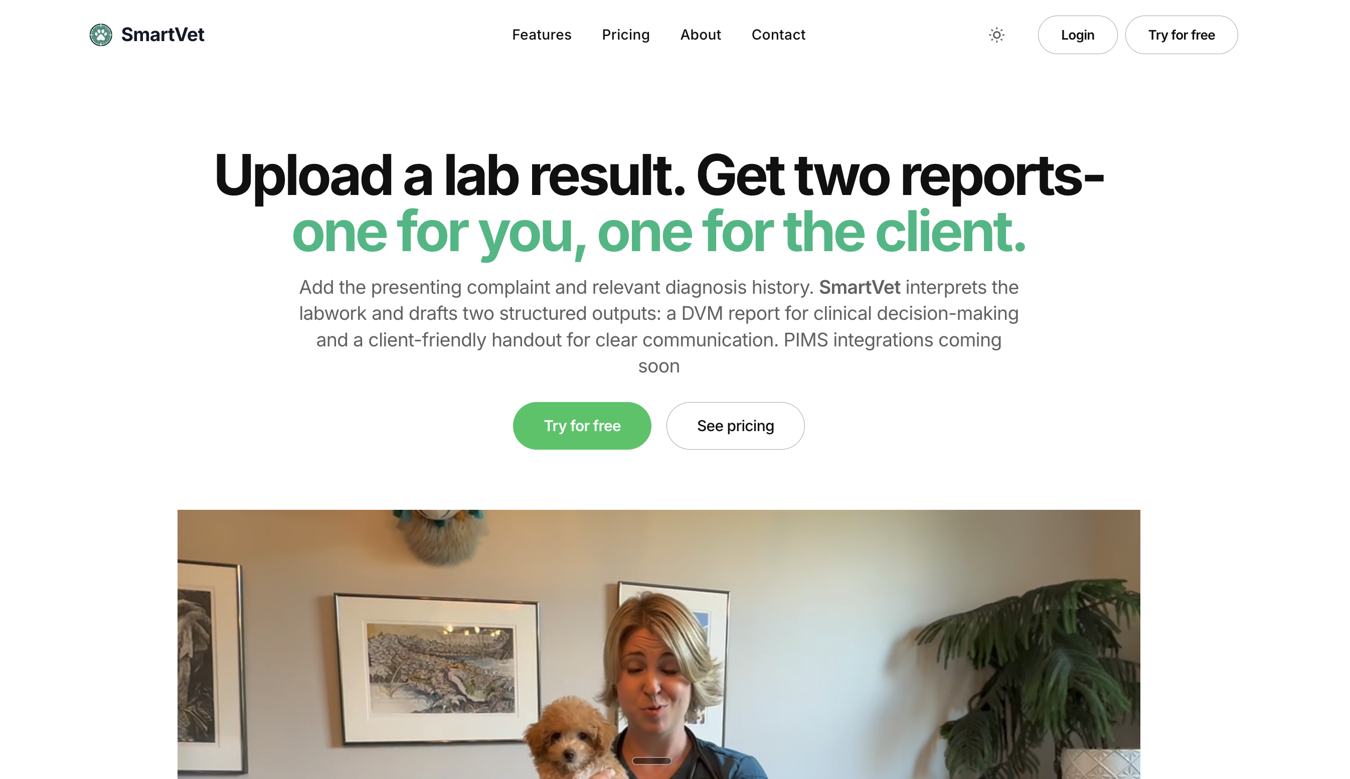 SmartVet landing page and diagnostic report translation views 1
